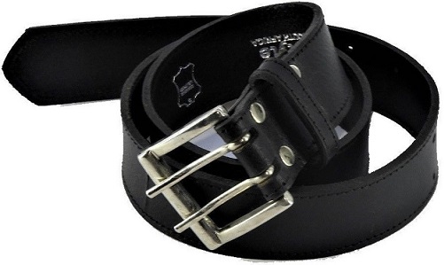 Mens handmade black leather 2-prong jeans belt.