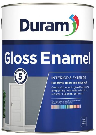 Durable enamel paint, for trims, doors, windows and inside walls, interior and exterior, attractive and long lasting, washable and scratch resistant, smooth high gloss finish. The product has a 5-year quality guarantee, and the tint gloss enamel white to a wide range of colours using ColourPro stir in paint colour.