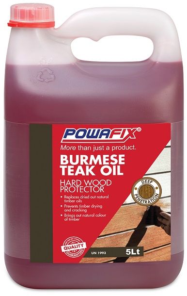 Powafix Burmese Teak oil is a deep penetrating mineral oil specially formulated to protect and enrich natural solid timbers. These oils prevent the timber from drying and cracking.