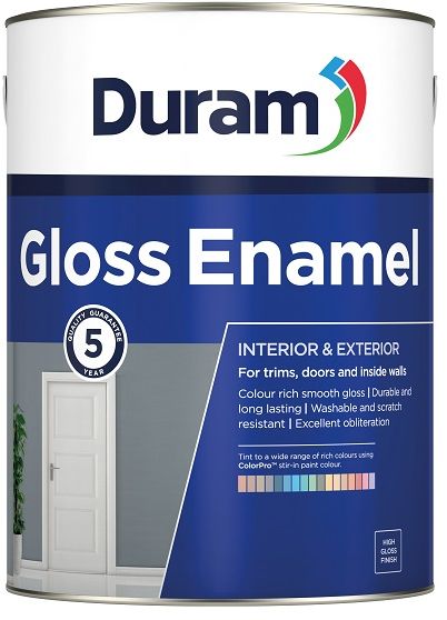 Durable enamel paint, for trims, doors, windows and inside walls, interior and exterior, attractive and long lasting, washable and scratch resistant, smooth high gloss finish. The product has a 5-year quality guarantee, and the tint gloss enamel white to a wide range of colours using ColourPro stir in paint colour.