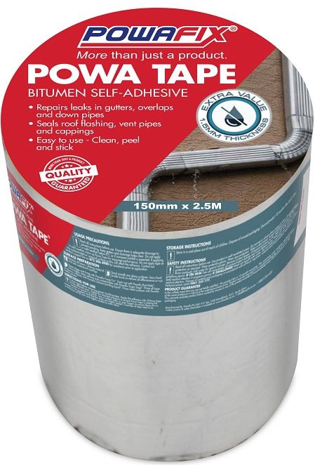 Powa Tape is an easy to use bitumen self-adhesive water proofing tape strip that can be applied to a variety of clean, well prepared surfaces. Powa Tape creates a water tight, Long Lasting seal on roof tiles, metal surfaces and fibre cement down pipes, gutters, roof flashings and vent pipes.