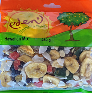 A mix of coconut flakes, raisins, banana chips, papaya cubes, apricot pieces, fruit flakes (peach, apricot, pear), raw peanuts, strawberry cubes, mango bits and pineapple cubes.