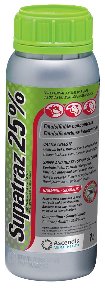 Emulsifiable concentrate. Controls ticks and kills lice and mange mites on cattle. Controls ticks & sheep scab and kills itch mites and goat mange mites on sheep and goats.