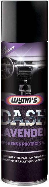 Wynn's Dash for vinyl and rubber, treats and protects the dashboard, plastic bumpers, trim, matt surfaces and trunk rubbers. Dash will remove polish traces from plastic and rubber trims and is available in two fragrant aerosol variants, a soft lavender and authentic leather.