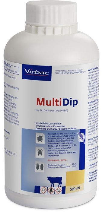 The combination emulsifiable concentrate to be used in a Plunge dip / Spray race/ Hand spray that controls ticks and kills lice. It has a tick detaching effect. Controls nuisance, biting and face flies. Protects against screw worm infestation in cattle. COMPOSITION: Cymiazole 175g/l, Cypermethrin 25g/l. COMPOSITION: Cymiazole 175g/l, Cypermethrin 25g/l. OXPECKER- COMPATIBLE. PLUNGE-DIPPING: Fresh fill (charge): 15: 1 000 (15lt to 1 000lt water) Replenish: 3: 1 000 (3lt to 1 000lt water). SPRAY RACES: 15: 1 000 (15lt to 1 000lt water). Boost spray wash by adding 200ml of MultiDip after every 100 head of cattle dipped.