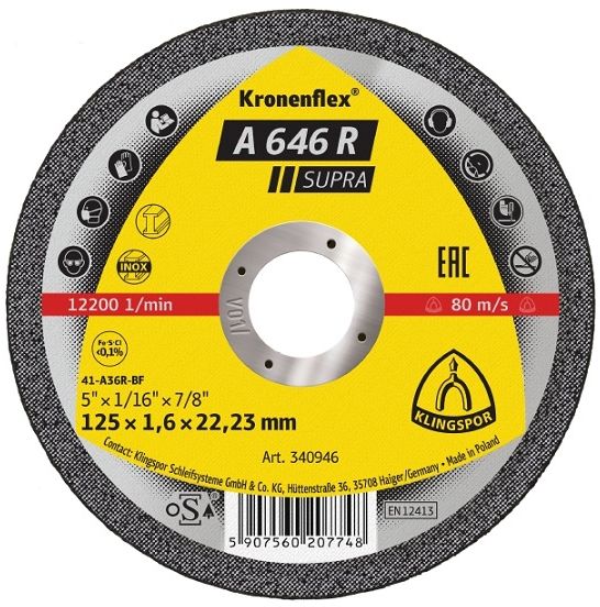 Free of iron, sulphur and chlorine. Universal use on steel and stainless steel. Cutting disc made of self sharpening, calcined aluminium oxide. Tremendous aggressiveness when used for cutting solid materials.