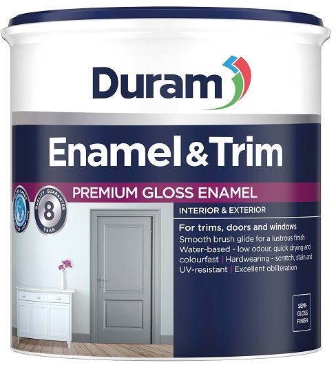 Premium Gloss Enamel, with a 8-year quality guarantee. For trims, doors and windows, smooth brush glide for a lustrous finish, water based, low odour, low VOC, quick drying and colourfast. Hardwearing, scratch, stain and UV resistant. Excellent obliteration, semi gloss finish, available in classic standard colours and can be tinted.