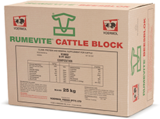 VOERMOL RUMEVITE CATTLE BLOCK (V10932). Class: Protein & Mineral Supplement for Cattle. VOERMOL RUMEVITE CATTLE BLOCK is the easiest way of feeding maintenance supplements to all types of cattle. Ready to use & no further additives are needed; A concentrated source of protein in block form which leads to a low cost per unit protein. Helps with digestion of dry roughage & pasture. Provides protein & trace minerals that stimulate the rumen bacteria. Provides maximum trace mineral levels which are essential for optimum appetite & fertility, as well as optimum functioning of the immune system.