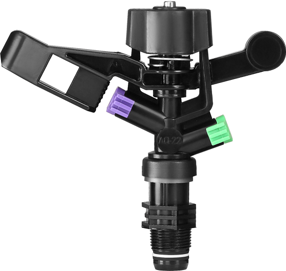 ½ or ¾ male threaded connection and 24 Degree trajectory angle. Body and arm are made of engineering plastic for durability with a plastic wedge drive spool. Primarily used for irrigation & germination of vegetable & nursery crops by overhead irrigation.