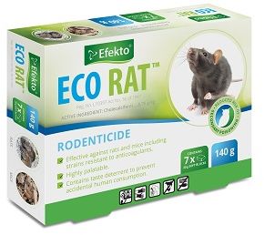 Efekto Eco Rat is a soft bait formula that delivers fast colony kill of anticoagulant resistant rodents like Norway rats, roof rats, and house mice in just seven days. It is shortened bait program requires less bait and it has been formulated with the active ingredient Cholecalciferol, which allows rodents to only eat a small lethal dosage, leaving more for the rest of the colony reducing bait usage and waste. Efekto Eco Rat contains the ingredient Bitrex to help prevent accidental consumption by children and it has the durability to hold up in tough conditions. Efekto Eco Rat is a highly effective, innovative rodent bait that quickly controls rodent infestations. It offers several unique advantages including fast colony kill, shorter baiting regimes, less bait to kill populations, and kills anti-coagulant resistant rodents.