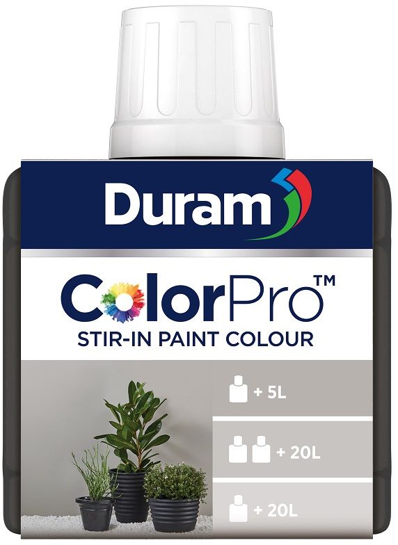 Stir Duram ColorPro stir-in paint colour into white Duram paints to create attractive, rich colours. Each of the 17 colours can produce 3 consistent shades. To achieve professional colour consistency, use with Duram Wall & Ceiling, Wall Sheen, Flex wall, Armatex, Enamel & Trim, Matt Acrylic, Gloss Enamel, Stoep Enamel or any other white Duram wall or enamel paint.