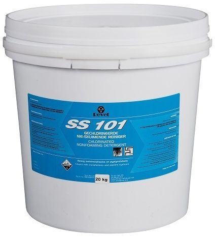 Chlorinated non foaming detergent to clean milk installations and pipeline systems. Directions: After milking rinse the installation well with cold to lukewarm water 25°C to 30°C. Prepare a solution containing 4g of SS101 per litre of hot water at 70°C. Circulate this solution through the installation for 10 minutes. Drain the solution and rinse installation with potable water. Use 2ml SS108 per 1 litre of water or 1.5ml SS103 per 1 litre of water in the final rinse.