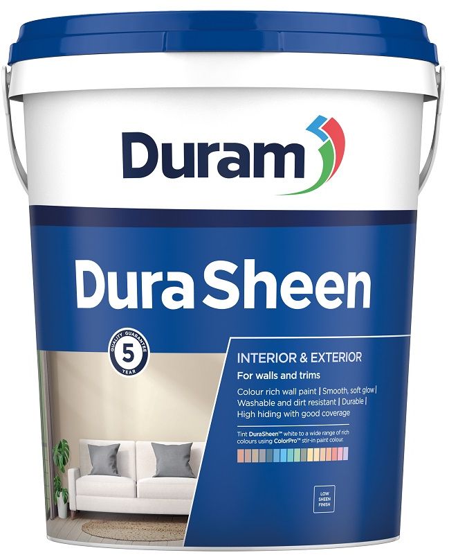 An affordable colour rich, low-sheen paint that is durable, washable and dirt resistant for walls and trims, with a 5 year quality guarantee. DuraSheen White can be tinted with Duram ColorPro stir-in paint colour. Colour rich formula with a range of attractive colours. UV- and weather-resistant.