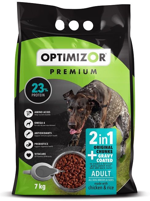 Optimizor 2in1 Gravy Coated with 23% protein, puts our new gravy coating technology to work to produce a delicious, gravy covered feast just by adding hot water. Amino Acids to help nourish muscles, Omega 6 for skin & coat nourishment, Antioxidants to support immune system health, Prebiotics so support digestive health, 23 Vitamins and Minerals.
