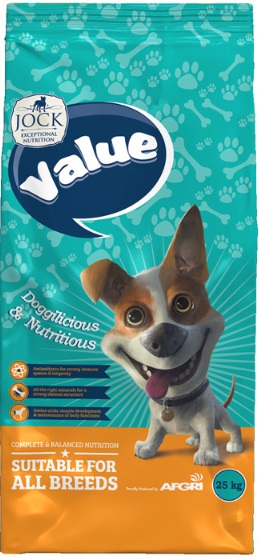 Jock Value: Complete and Balanced nutrition suited for all dog breeds: The role that nutrition plays in keeping your dog healthy is absolutely critical. Jock Value is specially formulated to completely address these needs and keep your pooch a few steps ahead of the rest. The secret lies in our protein-rich formulation, which is loaded with the 10 essential amino acids. These key nutrients are vital for your dog's health and help maintain and build muscle strength. Jock Value is also a rich source of antioxidants, thanks to added vitamin C and E. These powerful elements, along with a combination of essential minerals, help limit the damaging effects of free radicals in your dog's body and help support overall health. Add to this our carefully selected premium ingredients and you have dog food that is as delicious as it is nutritionally sound. Ingredients: Cereals, Derivatives of vegetable origin, Meat & Animal Derivatives, Vegetable Protein Extracts, Fats & Oils, Minerals, Vitamins and Approved Antioxidants, Contains at least 5% Genetically Modified Organisms, Nutritional Information.