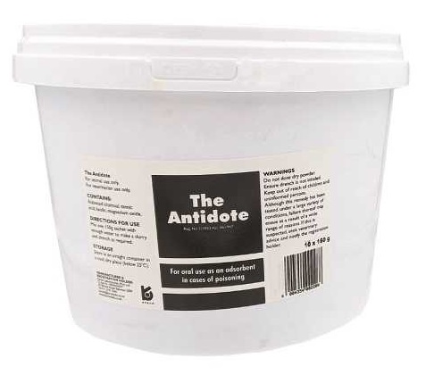 The Antidote is a "universal" antidote for use in cattle. It is given by mouth and acts as an adsorbent in cases of poisoning.