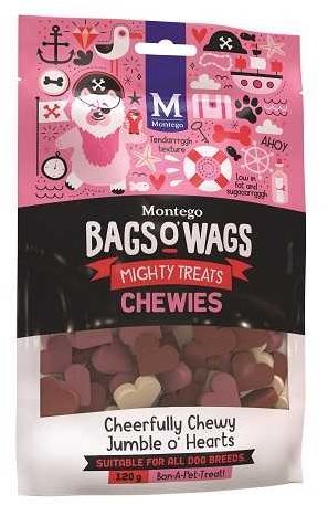 Cheerfully Chewy Jumble o' Hearts. Highly nutritious, wagtastically delicious, Bags O' Wags are the treats dogs love to get and they're full of yummy goodness. The Bags O' Wags range of treats make on excellent reward for good behaviour. a tempting incentive when training or a between meal-snack that hits the spot. Ideal for daily use, Bags O' Wags treats make the perfect complement to every Montego Pet Nutrition dry or wet food diet. Bags O' Wags treats are made to the same high standards as all Montego Pet Nutrition products, using only the finest ingredients, prepared to perfection in our world-class facility. Disclaimer: Treat only, not a complete and balanced diet.