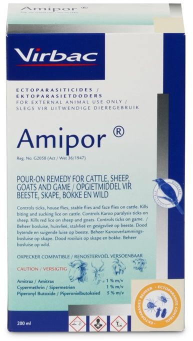 Controls ticks, house flies, stable flies and face flies on cattle. Kills biting and sucking lice on cattle. Controls Karoo Paralysis ticks on sheep. Kills Red lice on sheep and goats. Controls ticks on game. COMPOSITION : Amitraz 1% m/v, cypermethrin 1% m/v, piperonyl butoxide 5% m/v. COMPOSITION : Amitraz 1% m/v, cypermethrin 1% m/v, piperonyl butoxide 5% m/v. CATTLE AND GAME : Use 1ml per 100kg body mass. SHEEP AND GOATS : Controls Karoo Paralysis ticks on sheep Use 2ml per 10kg body mass. Kills red lice in sheep and goats Use 4ml per 10kg body mass.