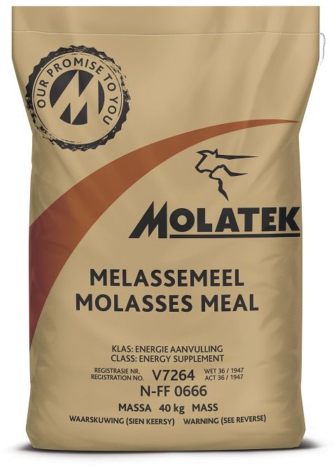 Molatek Molasses Meal is made up of 75% high-quality molasses (high brix) absorbed on 25% sugar cane pith. It is high in energy making it suitable for a wide variety of rations. Given the synergistic effect of sugar with other starches in increasing animal production it is a good replacement for 10  20% of grain in rations. Can provide some of the fibre needed in rations when roughage is in short supply. Increases fatty acid production in the rumen resulting in more energy available for production. Increases microbial protein production resulting in more protein being available for milk, meat and wool production.