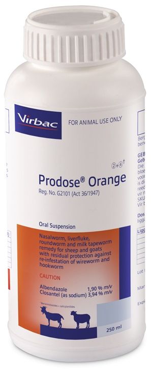 Nasal bot, liver fluke, roundworm and milk tapeworm remedy for sheep and goats with residual protection against reinfestation of wireworm and hookworm. COMPOSITION : Albendazole 1,90% m/v, Closantel (as sodium) 3,94% m/v. COMPOSITION : Albendazole 1,90% m/v, Closantel (as sodium) 3,94% m/v. Dosage: Roundworm, liverfluke and milk tapeworm : 2ml per 10kg. 5 Weeks residual against wireworm and 2 weeks residual against hookworm. Ovicidal: Roundworm eggs present in the animal at the time of dosing are prevented from hatching.