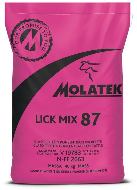 Molatek Lick Mix 87 gives the cattle farmer the opportunity to mix on-farm transition, maintenance and production licks economically. Mix transition, maintenance and/or production licks on the farm. Formulate specific licks depending on your unique circumstances, available pasture (type and quality), as well as the nutritional requirements of the animals. Stimulates the appetite of animals to increase the intake and digestibility of dry matter to restrict weight loss during winter. The combination of protein and trace minerals stimulates the digestion of low-quality pasture/veld as it stimulates the digestion process of the microbes in the rumen. The trace minerals result in an increase in the conception and calving percentages. Mixed with grain, it can be fed to lactating animals as a production lick. Has a laxative effect which helps to prevent dry gall sickness.