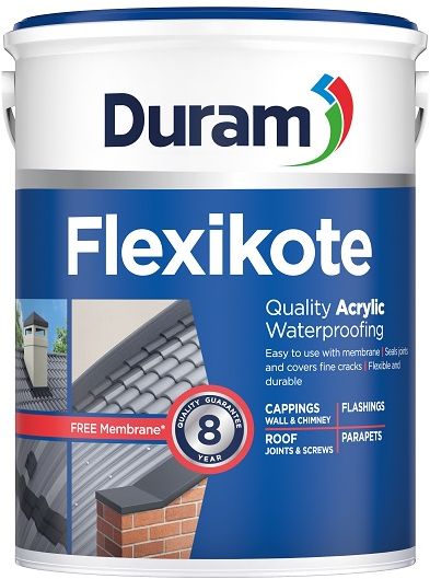 Flexikote is used with Duram Duramesh membrane to seal joints and cover hairline cracks on roofs. It can be used on flashings, roof joints, roof screws, parapets and wall and chimney cappings. Advantages withstands cracking and movement of the underlying surface, is UV and weather resistant, the pure acrylic, resists fading and chalking, bitumen free, which makes it more UV stable. Forms a tough waterproofing barrier and is easy to use. It is aesthetically pleasing and can be painted over.