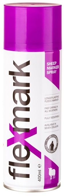 Flexmark Marking Spray - Purple. Flexmark is a high quality, longer lasting sheep marker spray, suitable for use on wet or dry fleeces. Our unique formulation minimises residue for a fully emptying can. The flexmark sheep marker spray is fitted with a No Clog Valve to ensure a continuous flow.