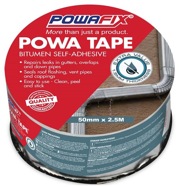 Powa Tape is an easy to use bitumen self-adhesive water proofing tape strip that can be applied to a variety of clean, well prepared surfaces. Powa Tape creates a water tight, Long Lasting seal on roof tiles, metal surfaces and fibre cement down pipes, gutters, roof flashings and vent pipes.