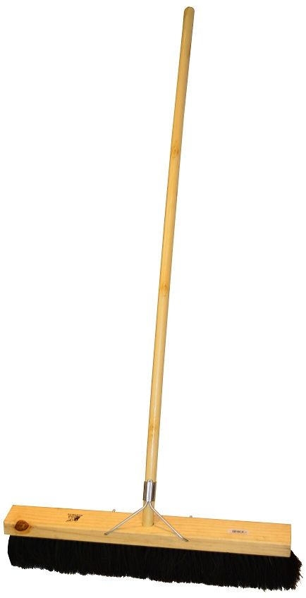 Soft broom filled with black P.V.C. fibre, with wooden handle and 55 grip.