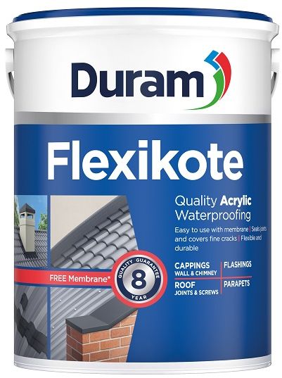 Flexikote is used with Duram Duramesh membrane to seal joints and cover hairline cracks on roofs. It can be used on flashings, roof joints, roof screws, parapets and wall and chimney cappings. It withstands cracking and movement of the underlying surface. The product is UV and weather resistant, pure acrylic, resists fading and chalking. It is bitumen free, which makes it more UV stable, it forms a tough waterproofing barrier and is easy to use. It is aesthetically pleasing and can be painted over.