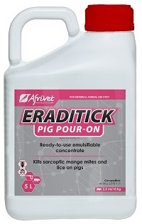 Ready-to-use emulsifiable concentrate. Kills sarcoptic mange mites and lice on pigs.