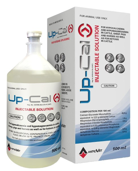 Up-Cal is an injectable solution for hypocalcaemia hypomagnesaemia in cattle, sheep, pigs and horses - as well as for ketosis in cattle.