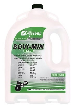 Vitamin, Mineral and Amino acid supplement for Cattle. BOVI-MIN provides essential organic trace minerals, magnesium, amino acid and fat soluble vitamins to assist in fertility, immunity and growth in cattle.