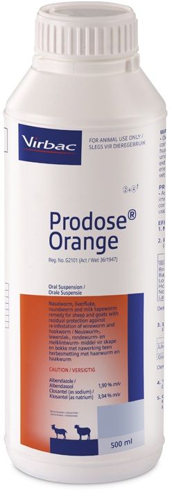 Nasal bot, liver fluke, roundworm and milk tapeworm remedy for sheep and goats with residual protection against reinfestation of wireworm and hookworm. COMPOSITION : Albendazole 1,90% m/v, Closantel (as sodium) 3,94% m/v. COMPOSITION : Albendazole 1,90% m/v, Closantel (as sodium) 3,94% m/v. Dosage: Roundworm, liver fluke and milk tapeworm : 2ml per 10kg. 5 Weeks residual against wireworm and 2 weeks residual against hookworm. Ovicidal: Roundworm eggs present in the animal at the time of dosing are prevented from hatching.