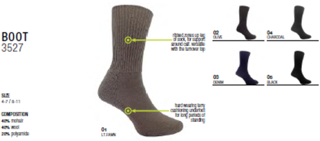Ribbed zones up leg of sock, for support around calf, versatile with the turn over top. Hard wearing terry cushioning underfoot for long periods of standing.