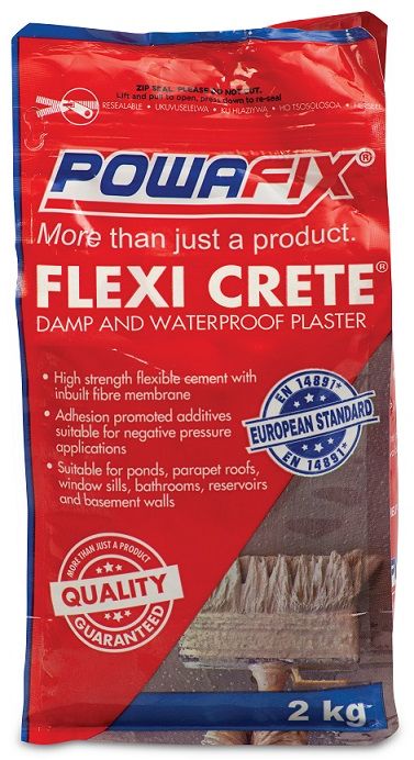 Cement based powder plaster with exceptional Flexibility and adhesion properties. Specifically formulated to conform to EN14891 crack bridging and water pressure testing standards. Flexi Crete additives are the Latest in water proofing acrylic technology.