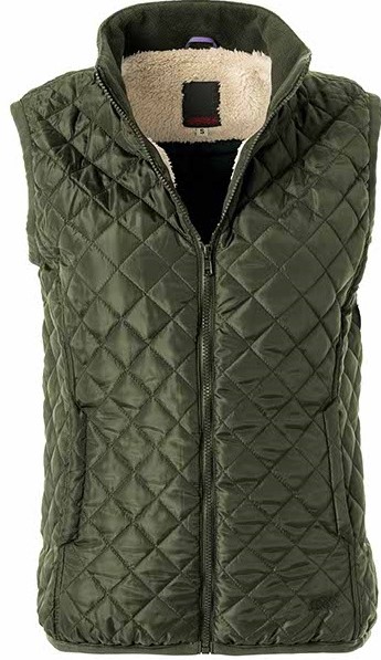 Diamond cut quilted polyester, sherpa lining YKK vislon zip, fleece lined side entry pockets, inner safety pocket, lip elastic around armhole and hem.