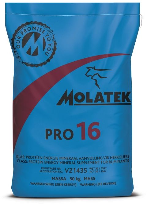 Molatek Pro 16 is a protein energy mineral supplement. Ensures the economical preparation of dry cows with the inclusion of anionic salts to prevent milk fever during calving. Contains a growth promoter which improves digestion and energy utilisation of pasture/roughage. An excellent supplement for rearing weaner calves and lambs on green fertilised pastures. Ionophores improve growth and feed conversion of calves.