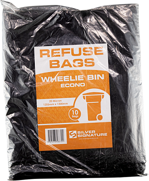 Wheelie bin bags 20 micron x 10 per pack.