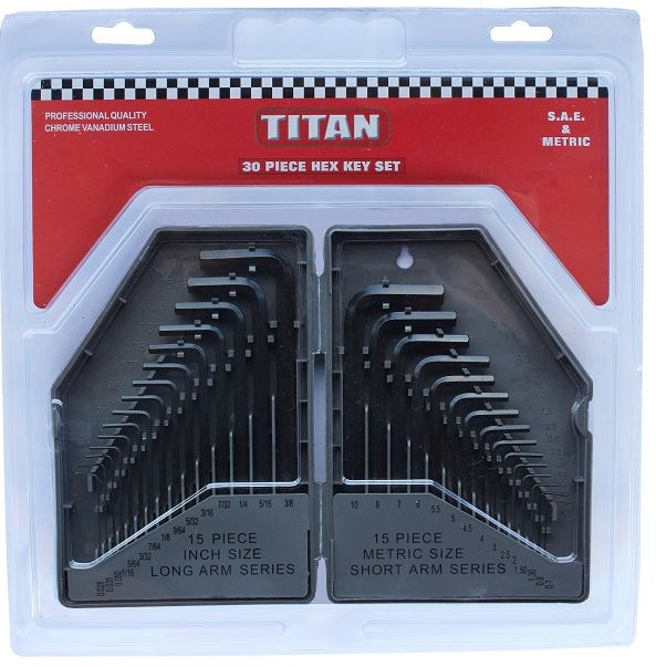 Large chrome vanadium hex key set with metric and imperial pieces. Comes in handy plastic holder.