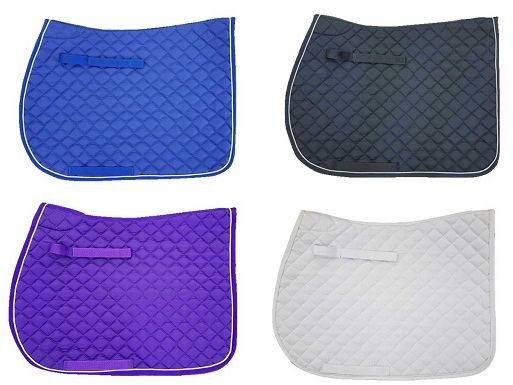 Square quilted numnah with velcro girth point straps for ease of use. Machine washable 30 degrees. Black, white, navy, royal, grey, purple.