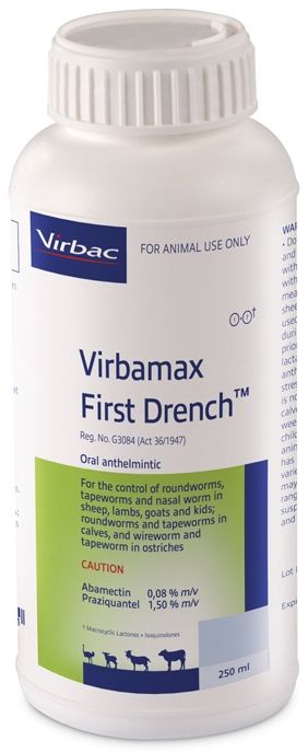 Oral anthelmintic for the control of round- worms, tapeworms and nasal bot in sheep, lambs, goats and kids. Wireworm and tapeworm in ostriches. Roundworms and tapeworms in calves. COMPOSITION: Abamectin 0,08% m/v, praziquantel 1,50% m/v. COMPOSITION: Abamectin 0,08% m/v, praziquantel 1,50% m/v. Roundworm, nasal worm and tapeworm remedy for sheep, goats, cattle and ostriches Controls Australian itch mite 25ml per 10kg body mass. Effective against all 4 types of tapeworms, milk, serrated, narrow and liver tapeworm. Ovicidal: Roundworm eggs present in the animal at the time of dosing are prevented from hatching.