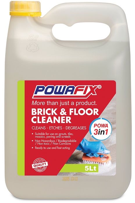 Powafix Brick and Floor cleaner is our new multi purpose and ready to use POWA 3 in 1 detergent for cleaning etching and degreasing. The natural acid formulation is fast acting and Suitable for use on grouts, tiles, mosaics, paving and screeds. This same formula is safe for use in both exterior and interior applications as it non hazardous, non toxic and biodegradable.