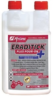 Ready-to-use pour-on for cattle, sheep and goats. Cattle: easy application along the backline. Controls ticks, stable flies, horn flies, cattle louse flies and nuisance flies e.g. house flies. Kills lice (biting and sucking) and mange mites. Protects against blackflies. Sheep and goats: controls Karoo-paralysis, bont-legged and red-legged ticks.