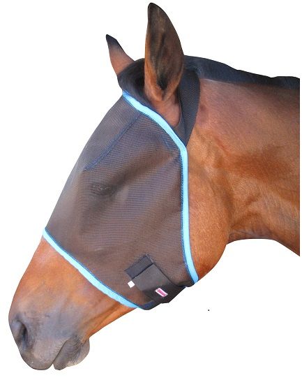 Sunglasses for your horse. Mesh prevents insects, sun damage and dust from irritating your horse's eyes. Dark non-patterned mesh is easier for your horse to see through and attracts less light. Any colour binding.