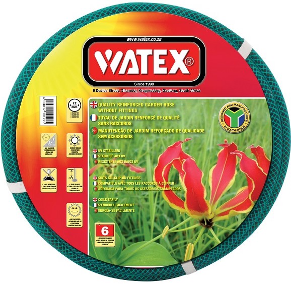 Watex 12mm X 20m garden hose. Manufactured In South Africa. PVC. 6 Year Warranty. UV Stabilised.