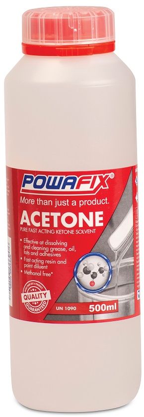 Powafix Acetone is a fast evaporating solvent used to generally clean. No methanol used. Trace Levels of methanol maybe be found below 1%.