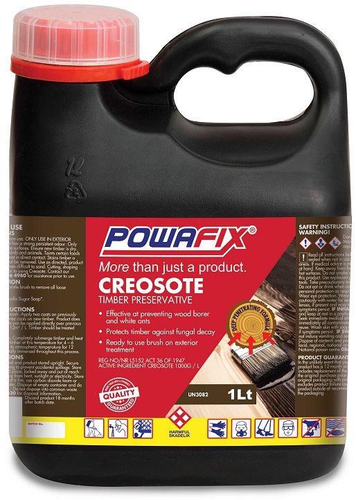 Powafix Creosote is a ready to use wood preservative solution to be used on exterior timber for protection against fungal decay and attack by termites and wood boring insects.