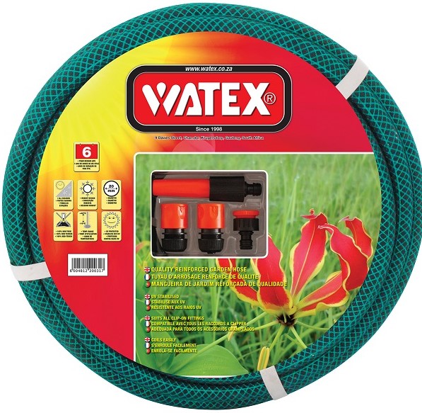 Watex 20mm X 30m garden hose with fittings. Manufactured in South Africa. PVC. 6 Year warranty. UV stabilised.