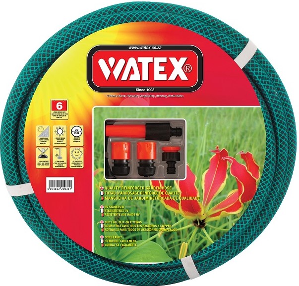 Watex 20mm X 20m garden hose with fittings. Manufactured in South Africa. PVC. 6 Year warranty. UV stabilised.